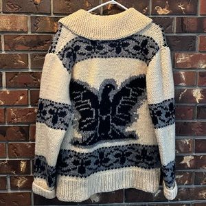 Vintage oversized Cowichan sweater with thunderbird design